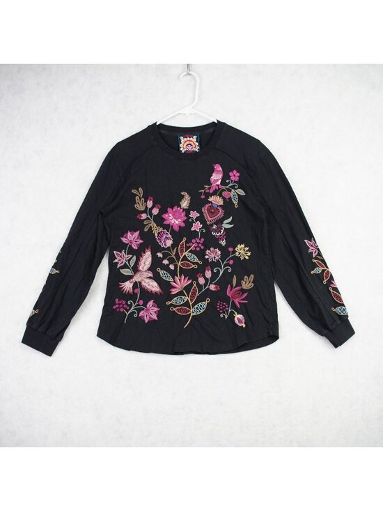 Johnny Was Tops - Johnny Was Womens Black Floral Embroidered Pullover Sweatshirt Size Small Boho